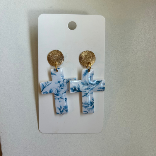 Blue Floral Cross Earrings
